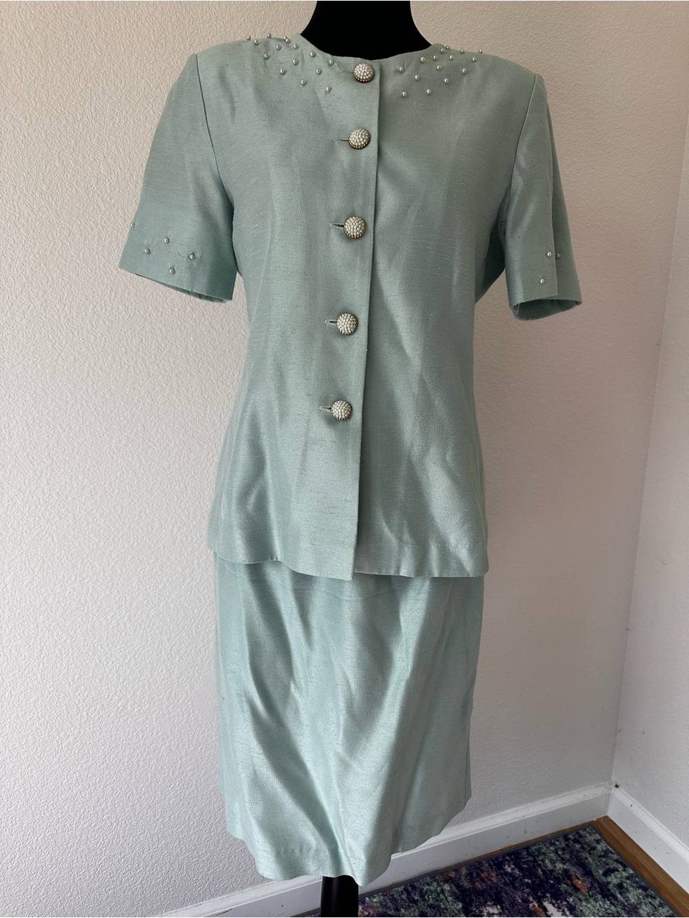 Vintage Lady Carol Petites Skirt Suit Size 6 Pearl Embellished Mint Green